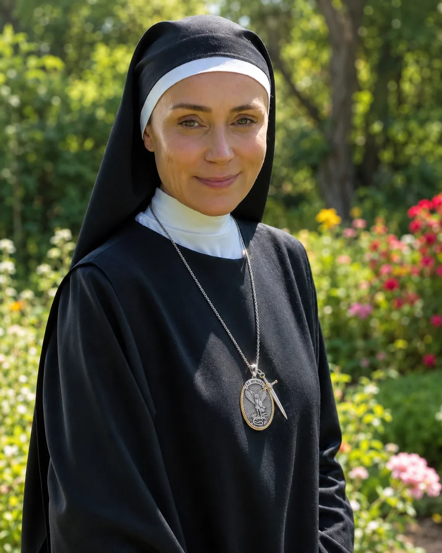 Religiosa sorrindo em um jardim usando o Colar de São Miguel Arcanjo
