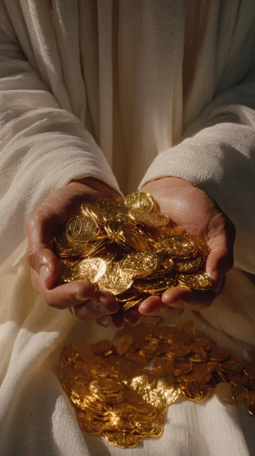 Mãos segurando moedas douradas em sinal de prosperidade e bênção