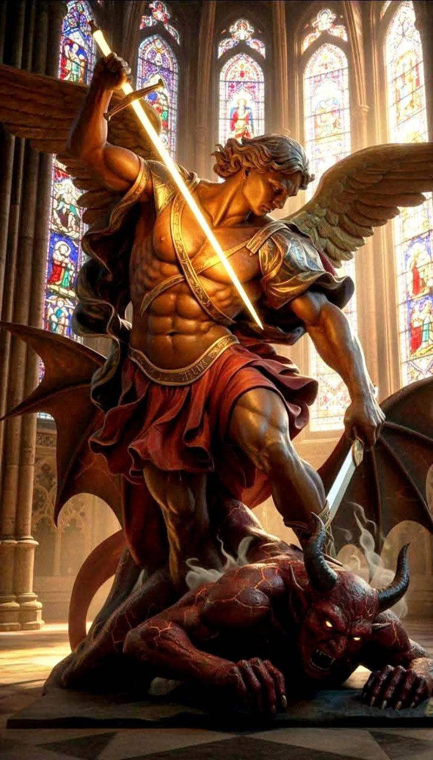 Ilustração de São Miguel Arcanjo em combate espiritual com espada de fogo